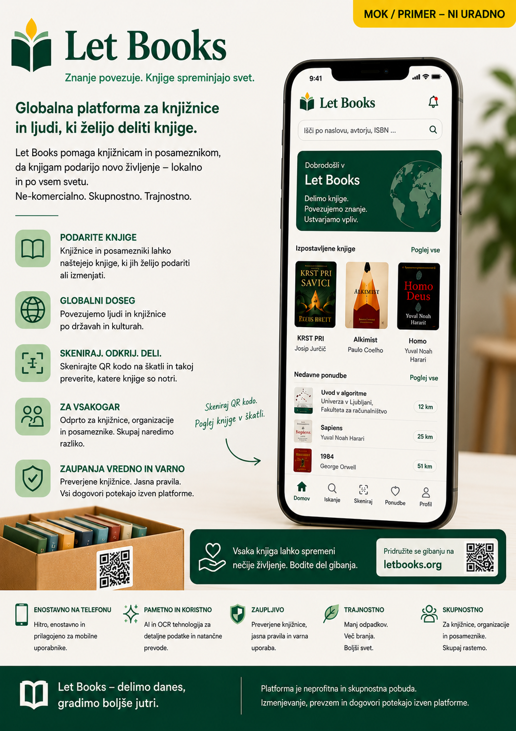 Koncept Let Books z mobilno aplikacijo in škatlo s QR-kodo